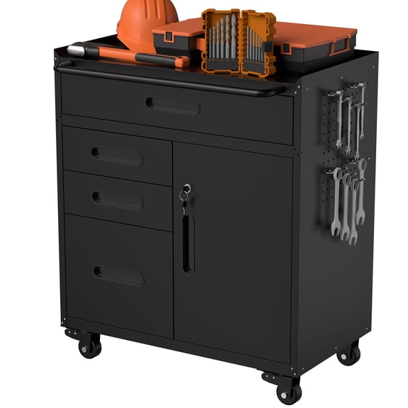 S-HOME Fully Mobile Tool Storage Cabinet in Black, 34.3 Inch with Lockable Compartment & Heavy-Duty Drawers for Workshop