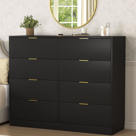 S-HOME Functional 8 Drawer Chest Dresser Wood with Smooth Gliding Drawers for Bedroom and Hallway Storage Needs, Black
