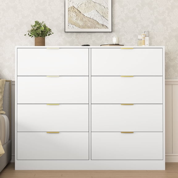 S-HOME Functional 8 Drawer Chest Dresser Wood with Smooth Gliding Drawers for Bedroom and Hallway Storage Needs, White
