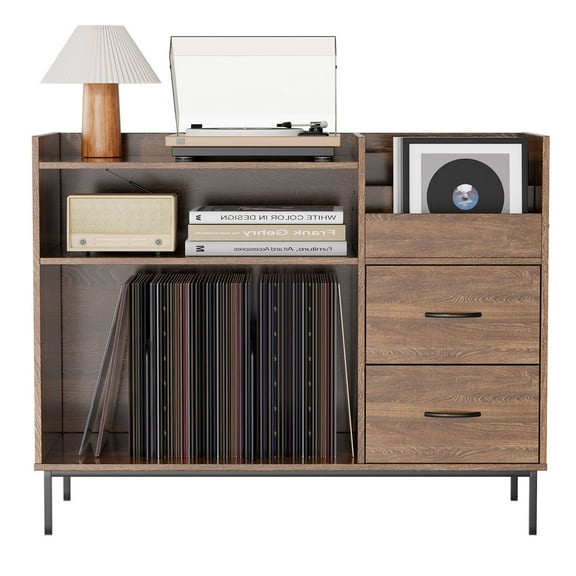 S-HOME Functional Brown Media Console with Adjustable Shelves, Accommodates 350 Vinyls, Record Player Stand with Speaker & Drawer Storage