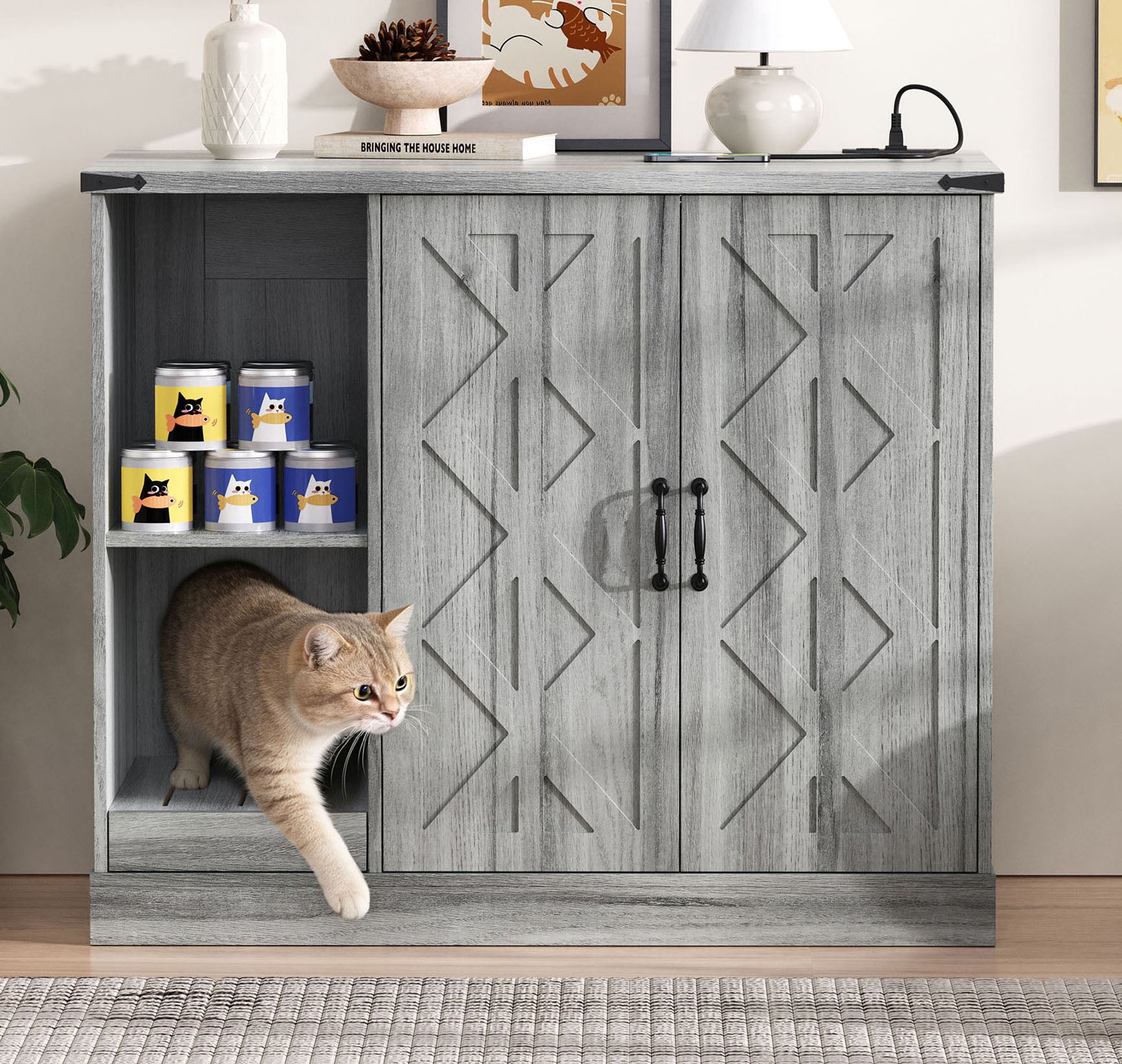 S-HOME Functional Cat Litter Box Cabinet With Adjustable Storage Shelves in Gray Including Power Outlet for Automatic Litter Boxes