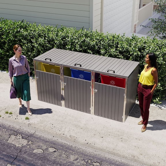 S-HOME Garbage Bin Shed With Lockable Doors And Waterproof Lid Chain, Stores 3 Trash Cans, Ideal For Patio And Garden,Light Gray