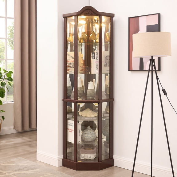 S-HOME Glass Corner Cabinet With Adjustable Shelves And Integrated Lighting In Dark Cherry For Stunning Display