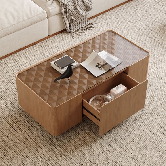 S-HOME Glass Top Coffee Table in Light Walnut 46.8 Inch Rectangular Center Table with Hidden Storage Drawers