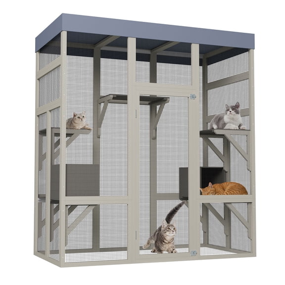 S-HOME Gray Wooden Catio Outdoor Pet House with Waterproof Top, Secure Enclosure with Galvanized Mesh and 2 Napping Boxes