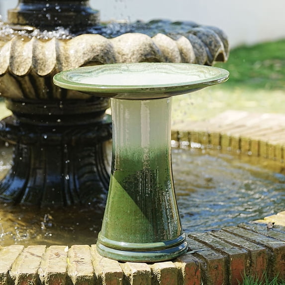 S-HOME Handcrafted 17 Inch Ceramic Tall Outdoor Bird Bath Featuring Swirl Pattern Design For Bird Lovers, Grass Green
