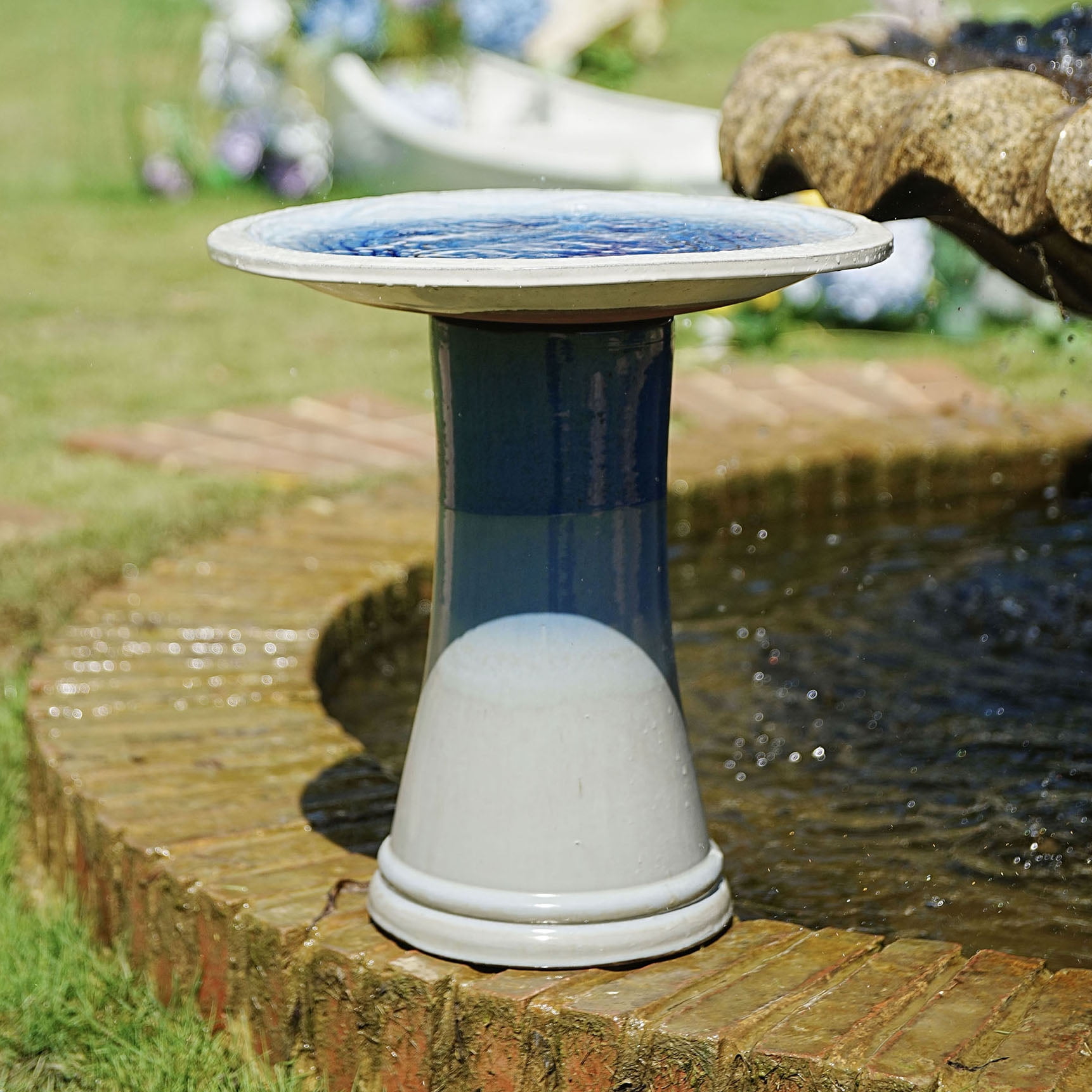 S-HOME Handcrafted 17 Inch Ceramic  Tall Outdoor Bird Bath Featuring Swirl Pattern Design For Bird Lovers, Sky Blue