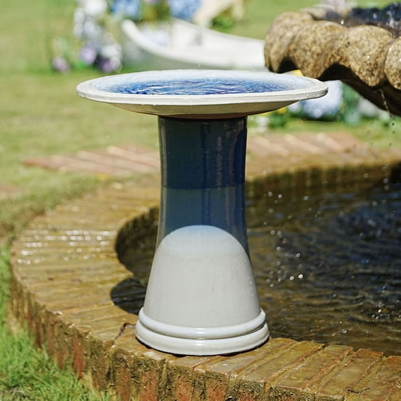 S-HOME Handcrafted 17 Inch Ceramic Tall Outdoor Bird Bath Featuring Swirl Pattern Design For Bird Lovers, Sky Blue