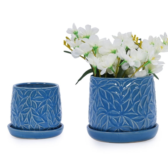 S-HOME Handmade Navy Blue Ceramic Planters with Saucers, Set of 2 (5" & 8"), Leaf Design for Succulents Herbs Indoor Outdoor