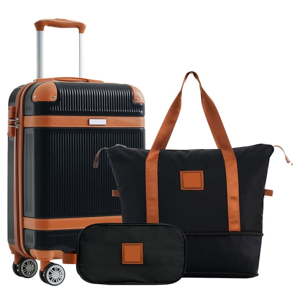 S-HOME Hardshell Travel Luggage Set 3-Piece With 20 Inch Spinner Suitcase And Toiletry Bag Included,With TSA Lock Spinner Wheels, Black