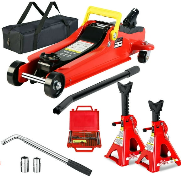 S-HOME Heavy Duty 2 Ton Floor Jack and 3 Ton Jack Stands With Quick Lift Pump, Lifting Range 3.3"-15.2,L-Wrench, For Cars And SUVs, Black And Red