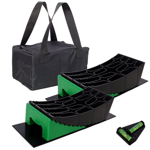 S-HOME Heavy Duty 8-Piece RV Leveling System with Curved Design, Chocks, Anti-Slip Mats, and Triangle Level Tool Included Storage Bag, for Stabilizing Your Camper and Trailer
, Black+Green