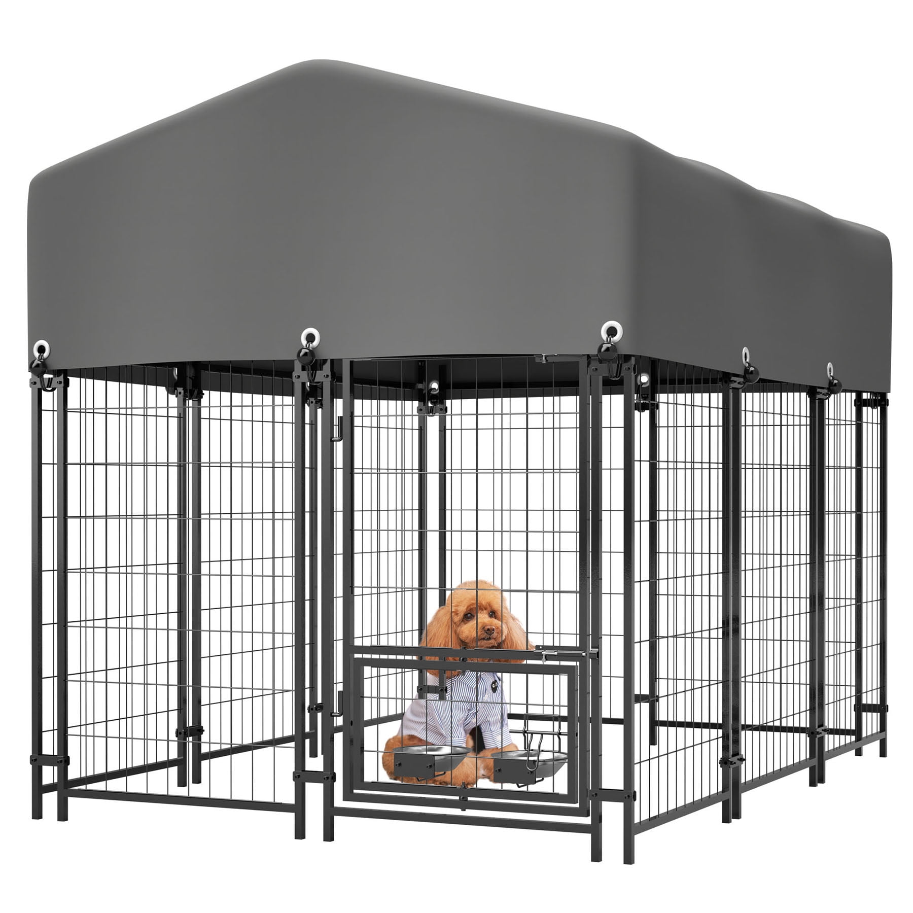 S-HOME Heavy Duty Outdoor Dog Kennel with Roof, 4.23'x5.82'x4.83', UV-Resistant Wire Enclosure & Rotating Feeder