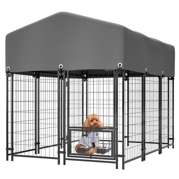 S-HOME Heavy Duty Outdoor Dog Kennel with Roof, 4.23'x5.82'x4.83', UV-Resistant Wire Enclosure & Rotating Feeder