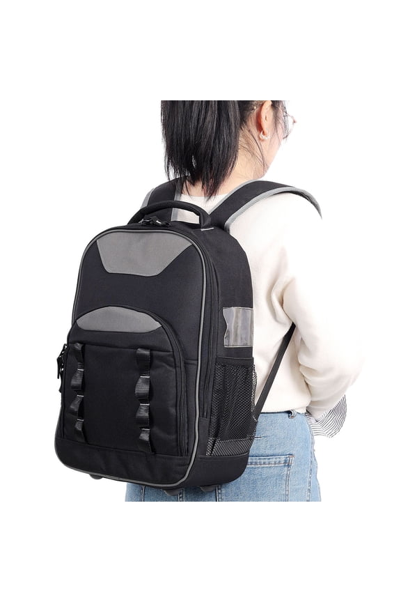 Heavy-Duty Oxford Cloth Multifunctional Tool Backpack with Padded Backrest, with Multiple Pockets and Detachable Divider for Electricians and Technicians, Black+ Gray
