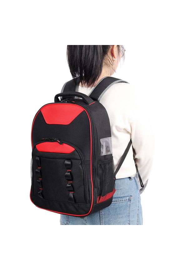 Heavy-Duty Oxford Cloth Multifunctional Tool Backpack with Padded Backrest, with Multiple Pockets and Detachable Divider for Electricians and Technicians, Black+Red