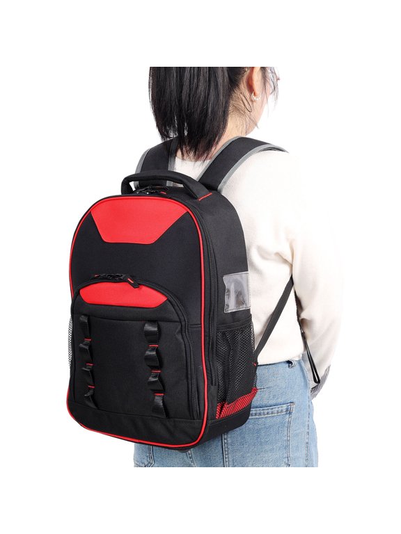 Heavy-Duty Oxford Cloth Multifunctional Tool Backpack with Padded Backrest, with Multiple Pockets and Detachable Divider for Electricians and Technicians, Black+Red