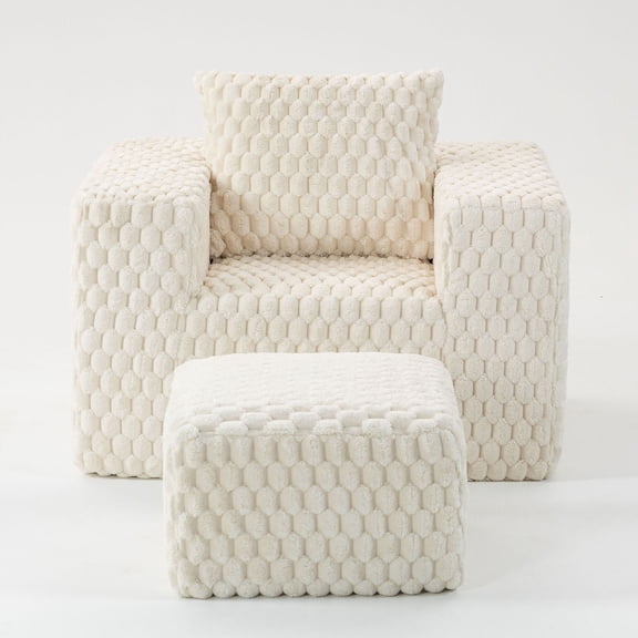 S-HOME High Backrest Corduroy Lounge Sofa With Footstool And Pillow, Space Saving 1 Seat Sofa For Living Areas, White