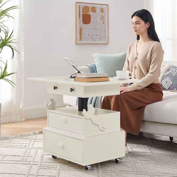 S-HOME High-Gloss Lacquered Adjustable Height Rolling End Table with Charging Station, Flip-Top Design for Modern Living Room and Home Office, White