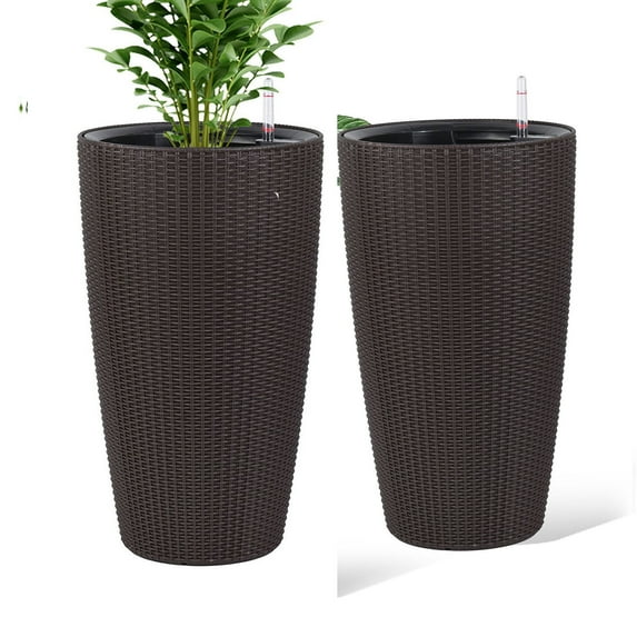 S-HOME Imitation Rattan Design 22.5 Inch Brown Plastic Large Planter With Automatic Watering System 2 Pack
