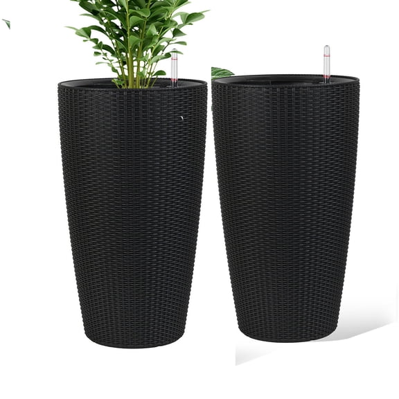 S-HOME Imitation Rattan Design 22.5 Inch Brown Plastic Large Planter With Automatic Watering System 2 Pack