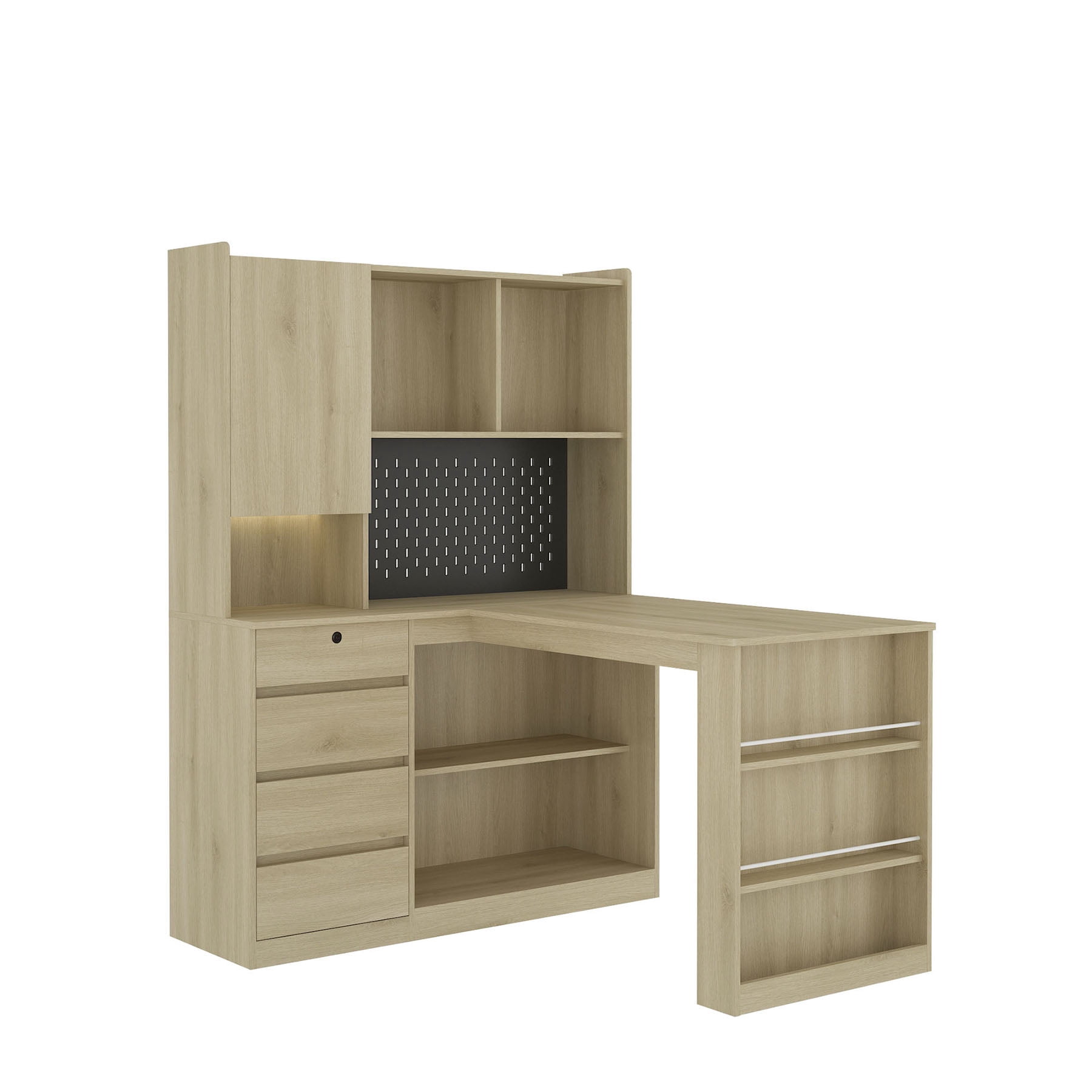 S-HOME L Shaped Desk With Charger And LED Light,  Home Office Desk With Drawers And Bookshelf, Corner Gaming Desk