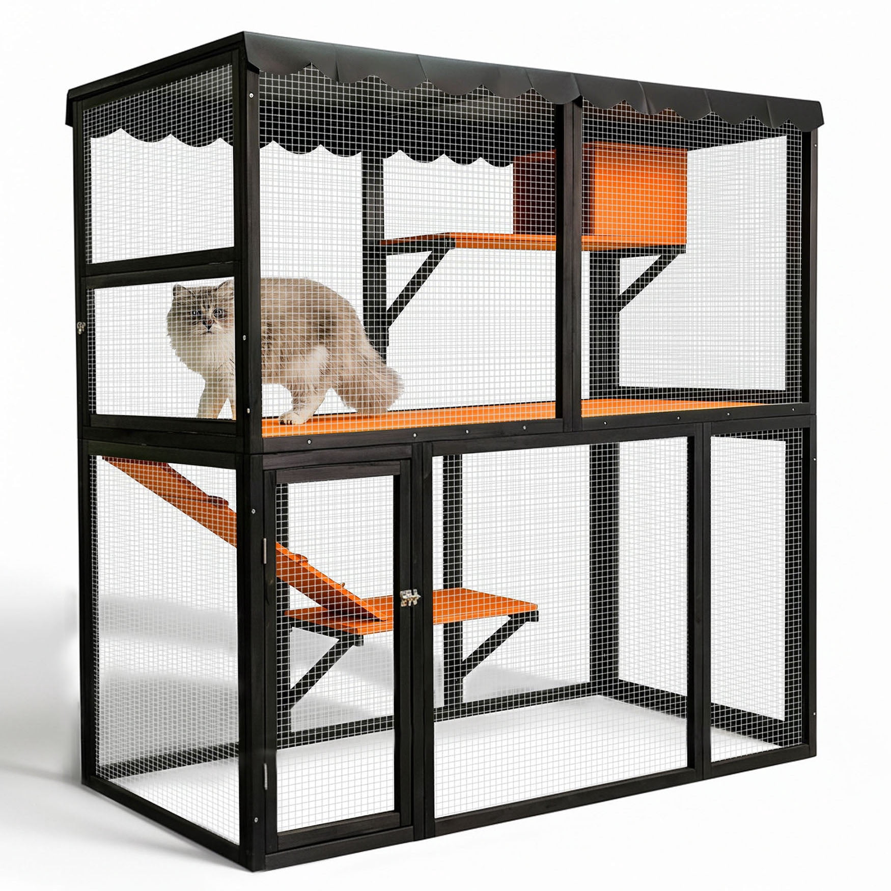 S-HOME Large Four-Tier Wooden Cat Enclosure in Black and Orange with Waterproof Cover and Ramp for Multiple Cats Indoor Outdoor Playhouse