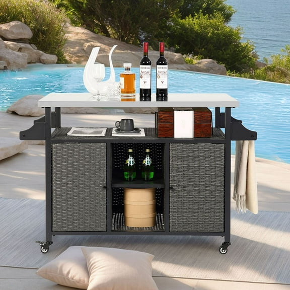 S-HOME Large Outdoor Wicker Bar Cart with Stainless Steel Expanded Table Top, Rolling Storage Cabinet for Patio