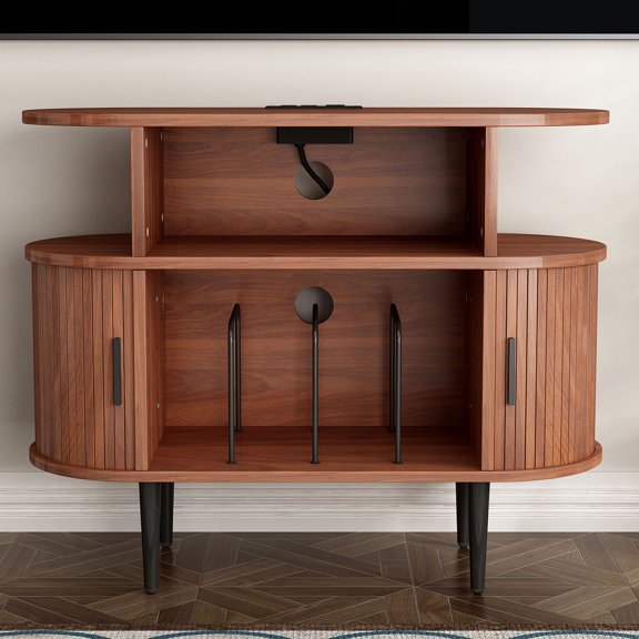 S-HOME Large Round Record Player Stand With Charging Station And USB Ports - Mid Century Modern Turntable Storage Cabinet For Home