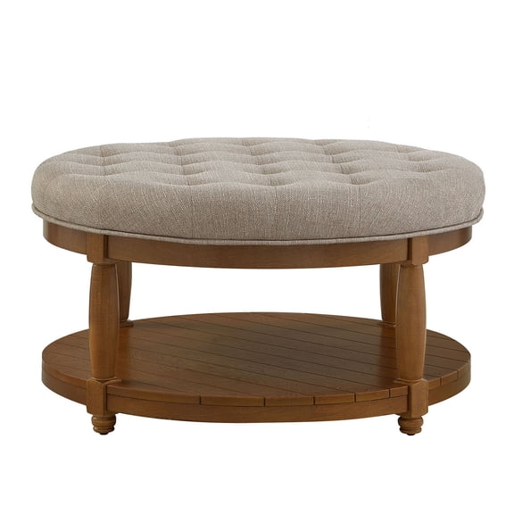 S-HOME Large Round Upholstered Tufted Linen Ottoman Coffee Table, Large Footrest Ottoman with Wood Shelf Storage, Linen