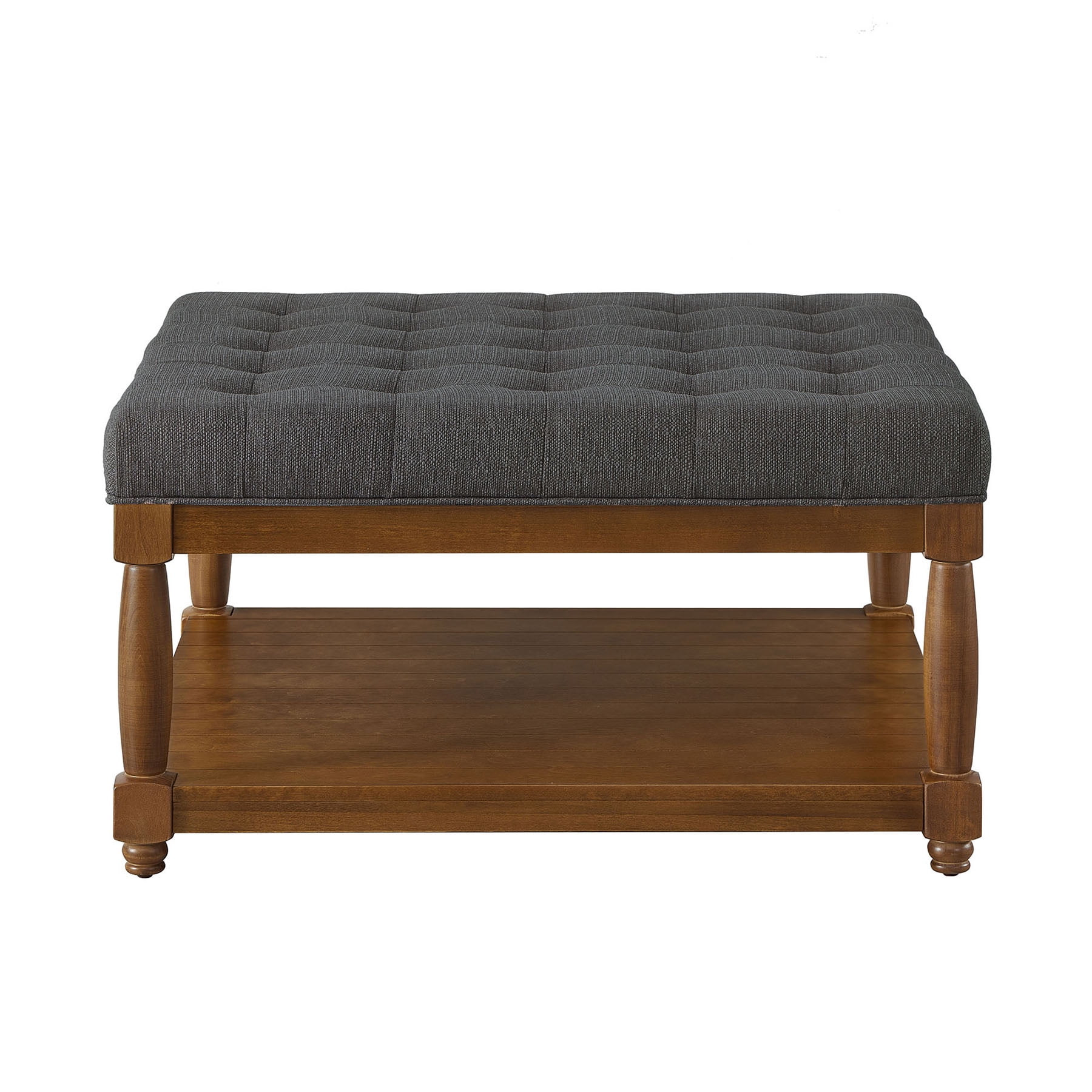 S-HOME Large Square Upholstered Tufted Linen Ottoman, Spacious Coffee Table with Solid Wood Shelf，Charcoal