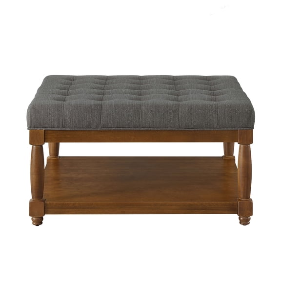 S-HOME Large Square Upholstered Tufted Linen Ottoman, Spacious Coffee Table with Solid Wood Shelf,Granite