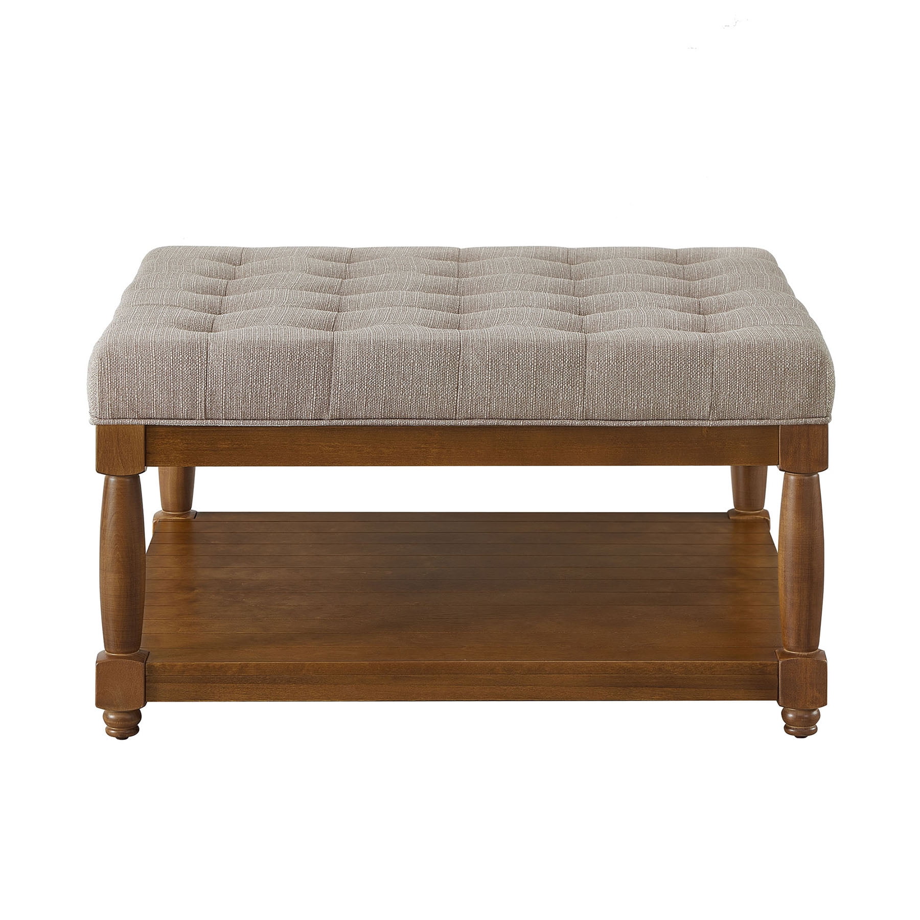 S-HOME Large Square Upholstered Tufted Linen Ottoman, Spacious Coffee Table with Solid Wood Shelf，Linen