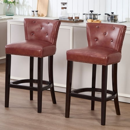 S-HOME Leather Upholstered Bar Stools Set of 2 Brown Fixed Height 29.5 Inch Chairs for Kitchen and Dining