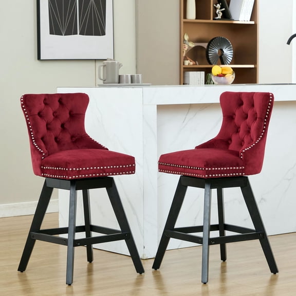 S-HOME Leisure Style Swivel Bar Stools with Chrome Nailhead Trim and Wooden Legs Set of 2 for Modern Dining, WINE RED