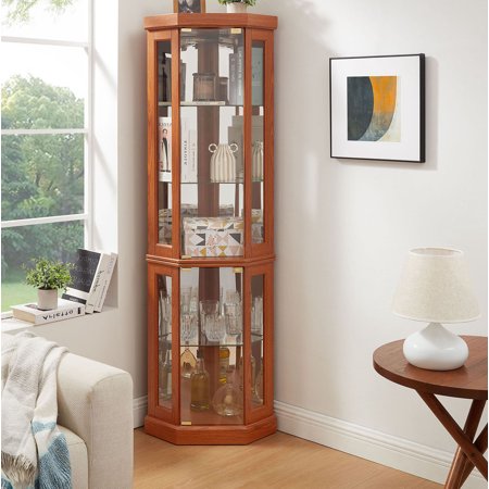 S-HOME Lighted Corner Curio Cabinet in Dark Oak Design Perfect for Living Room, Wine Storage & Antique Decor