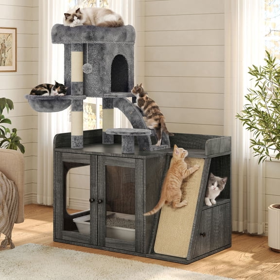 S-HOME Litter Box Enclosure With Cat Tree And Storage Space, Hidden Design With LED Light And Sisal Scratching Board，Grey