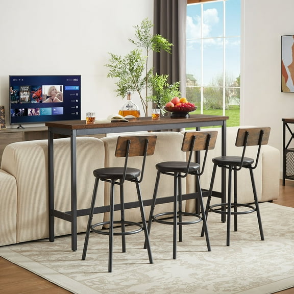 S-HOME Long Bar Table Set Featuring 3 PU Upholstered Stools In Rustic Brown And Black, 63 Inches For Kitchen And Living Room