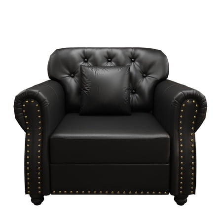 S-HOME Mid-Century Modern Chesterfield Sofa in Faux Leather with Button Tufting and Nailhead Trim, 41.3-Inch Design Includes 1 Pillows for Any Living Area , Black