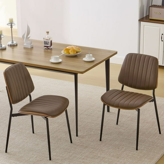 S-HOME Mid Century Modern Dining Chairs Set of 2 Faux Leather Upholstered with Walnut Bentwood Back and Metal Legs for Kitchen or Dining Room, Brown