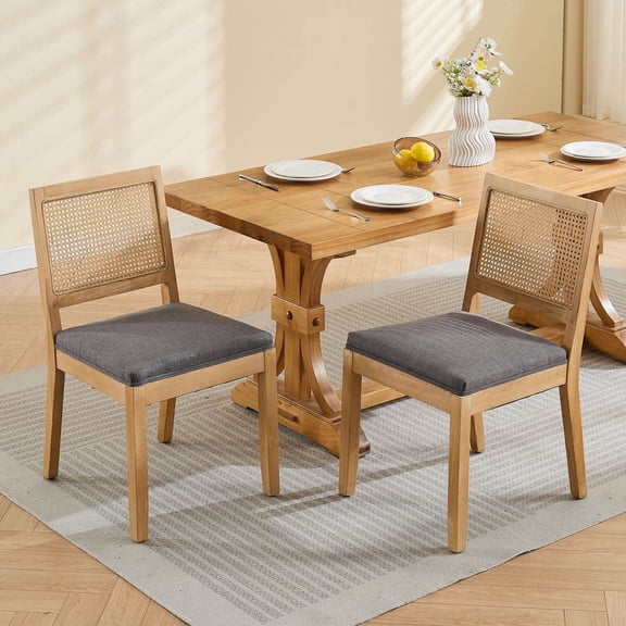 S-HOME Mid Century Modern Farmhouse Rattan Dining Chairs Set of 2 with Cane Upholstered Seats Natural Hardwood Frame, Gray