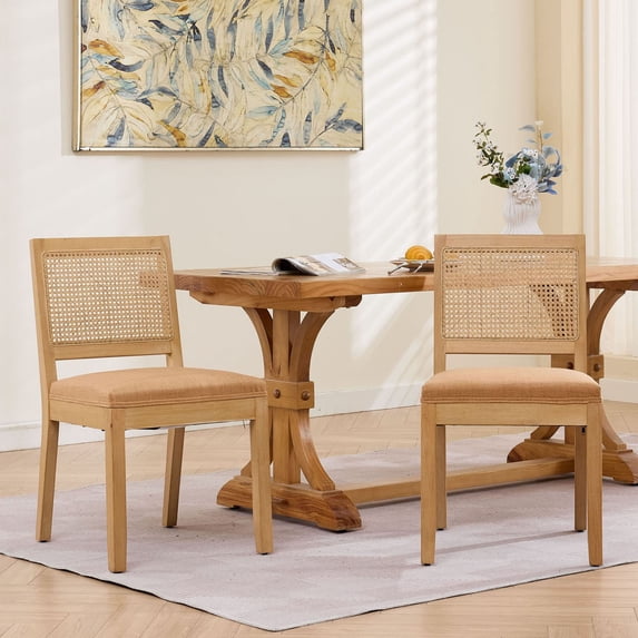 S-HOME Mid Century Modern Farmhouse Rattan Dining Chairs Set of 2 with Cane Upholstered Seats Natural Hardwood Frame, Tan