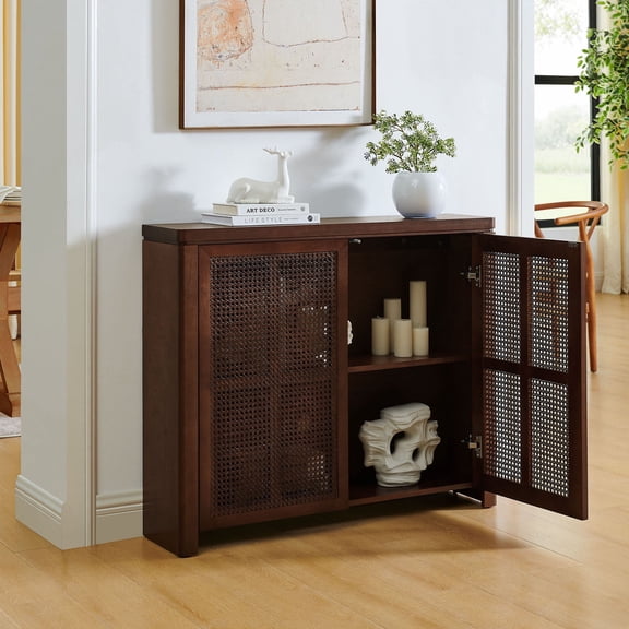 S-HOME Mid Century Modern Rattan Sideboard Buffet Cabinet 39.4" in Walnut with Dual Outlet Holes for Convenient Storage