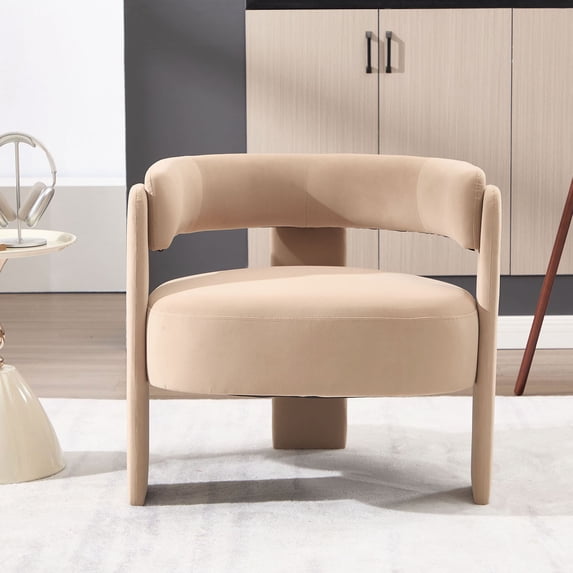 S-HOME Mid-Century Modern Velvet Accent Chair with Wooden Legs for Living Room, Bedroom, Office Decor, khaki