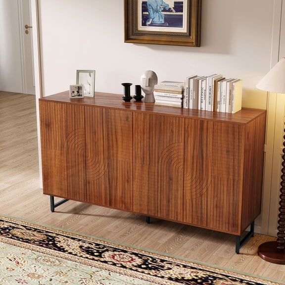 S-HOME Mid-Century Modern Walnut Sideboard Buffet Cabinet 59x16x33 Inches Geometric Design Storage for Living Room Dining Room