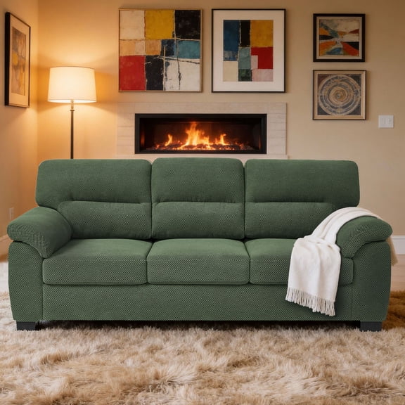 S-HOME Minimalist 3-Seat Sofa In Textured Fabric With Lumbar With Padded Armrests Support For Home Living Room, Dark Green