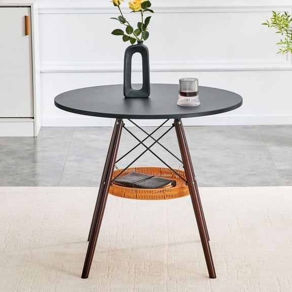 S-HOME Minimalist 31.5-Inch Round MDF Dining Table With Solid Wood Legs And Woven Storage Basket - For 2-4 People In Small Spaces, Walnut+black