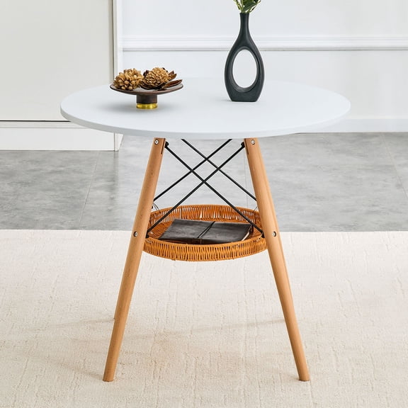S-HOME Minimalist 31.5-Inch Round MDF Dining Table With Solid Wood Legs And Woven Storage Basket - For 2-4 People In Small Spaces, White,Wood