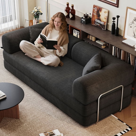 S-HOME Minimalist 78.8 Inch Compression Sofa, Modular Sectional Sofa in Corduroy Material Versatile Sleeper Couch, for Living Room and Bedroom , Black