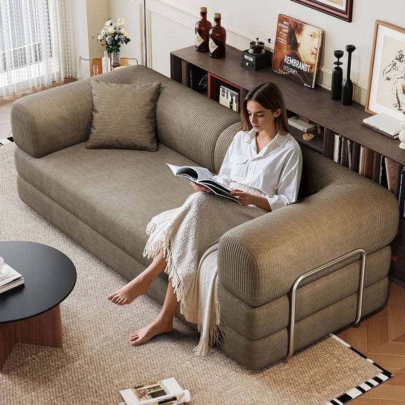 S-HOME Minimalist 78.8 Inch Compression Sofa, Modular Sectional Sofa in Corduroy Material Versatile Sleeper Couch, for Living Room and Bedroom , Camel